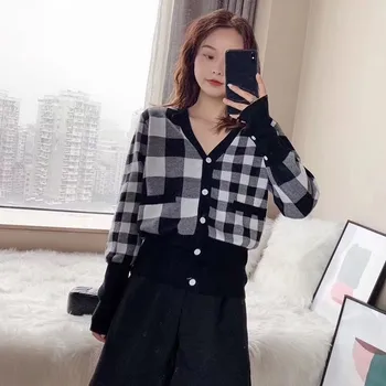 

Women Sweaters Fashion Plaid Cardigan Slim Long-sleeved Female Single Breasted Knit Sweaters