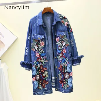 

2019 Autumn Outfit New Korean Loose Heavy Embroidery Flowers Long Denim Jacket Coat Femme Lady Streetwear Windbreaker Feminina