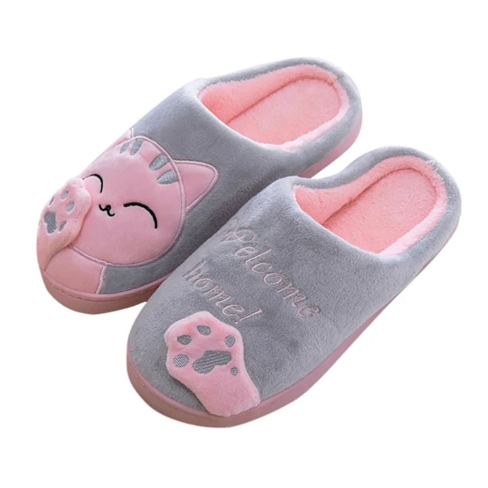 JAYCOSIN/обувь из флока простые женские зимние домашние тапочки без застежки с круглым носком теплые домашние тапочки с рисунком кота из мультфильма - Цвет: Gray