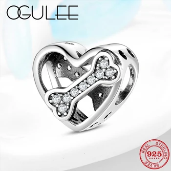 

Hollow out Heart Beads 925 Sterling Silver Sparkling CZ Pet Dog Food bones Charm fit Original Women Bracelets DIY Fine Jewelry