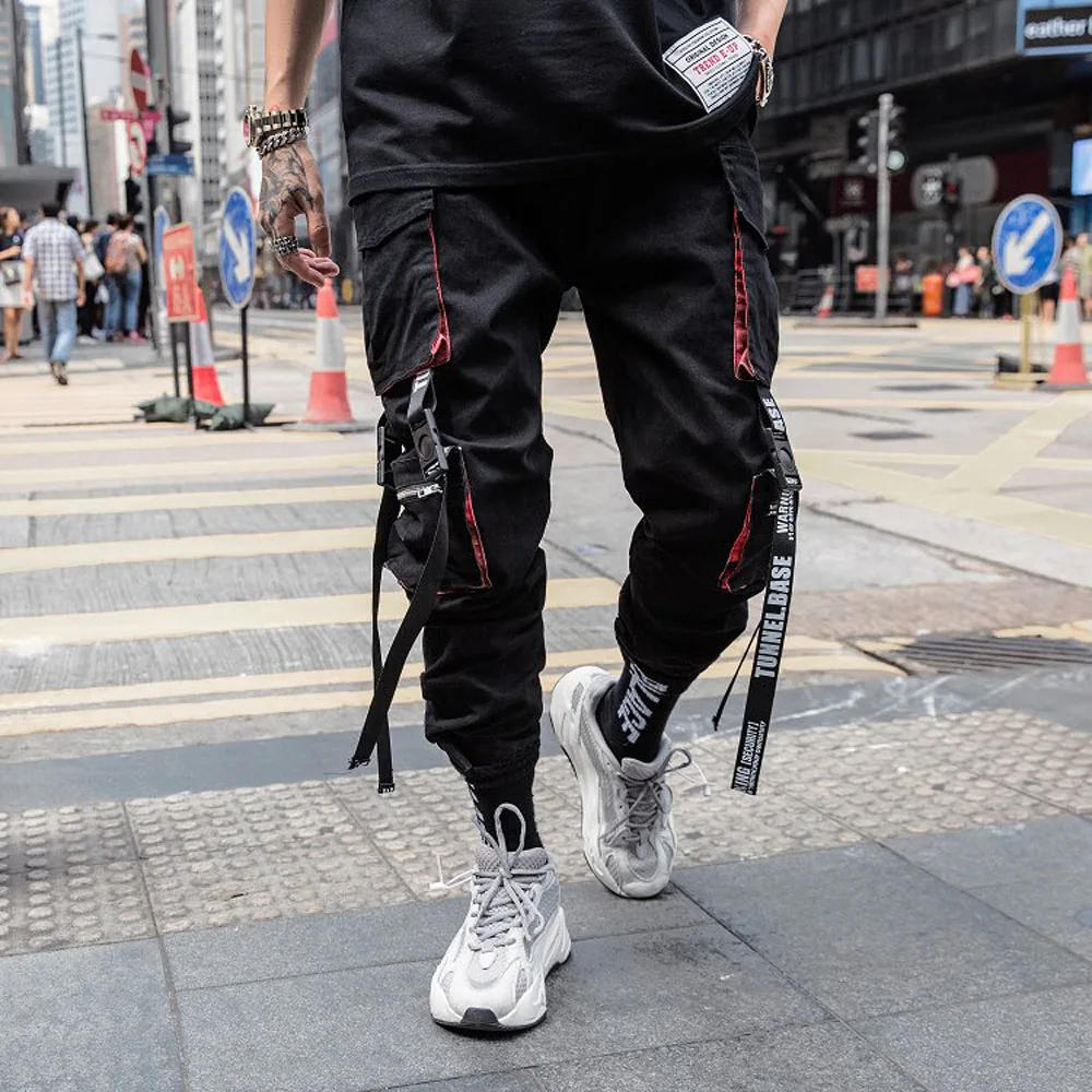 Men Cargo Pants Black Ribbons Block Multi-Pocket Harem Joggers Harajuku Sweatpant Hip Hop Casual Harem Tide Male Trousers cargo jeans