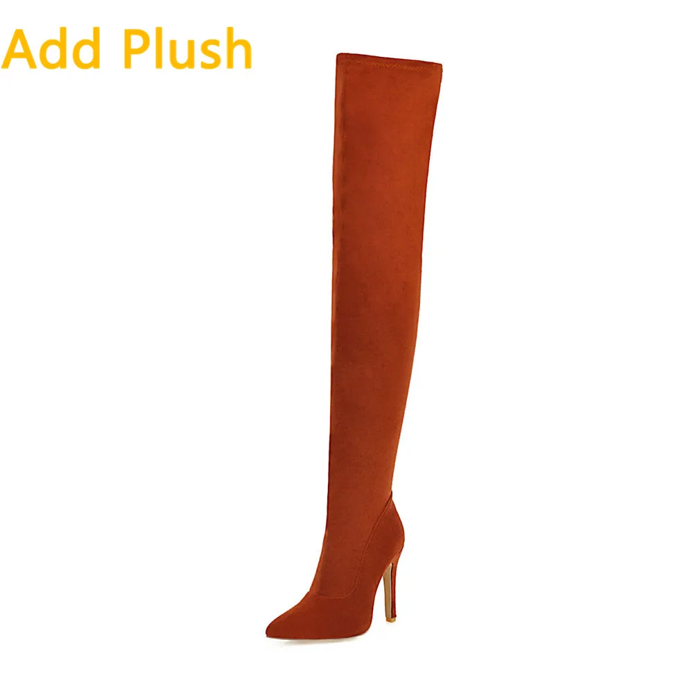 Sarairis Large Size 32-48 Brand Thigh High Boots Flock Pointed Toe Shoes Woman Sexy Thin High Heels Over The Knee Boots Women - Цвет: huang short plush