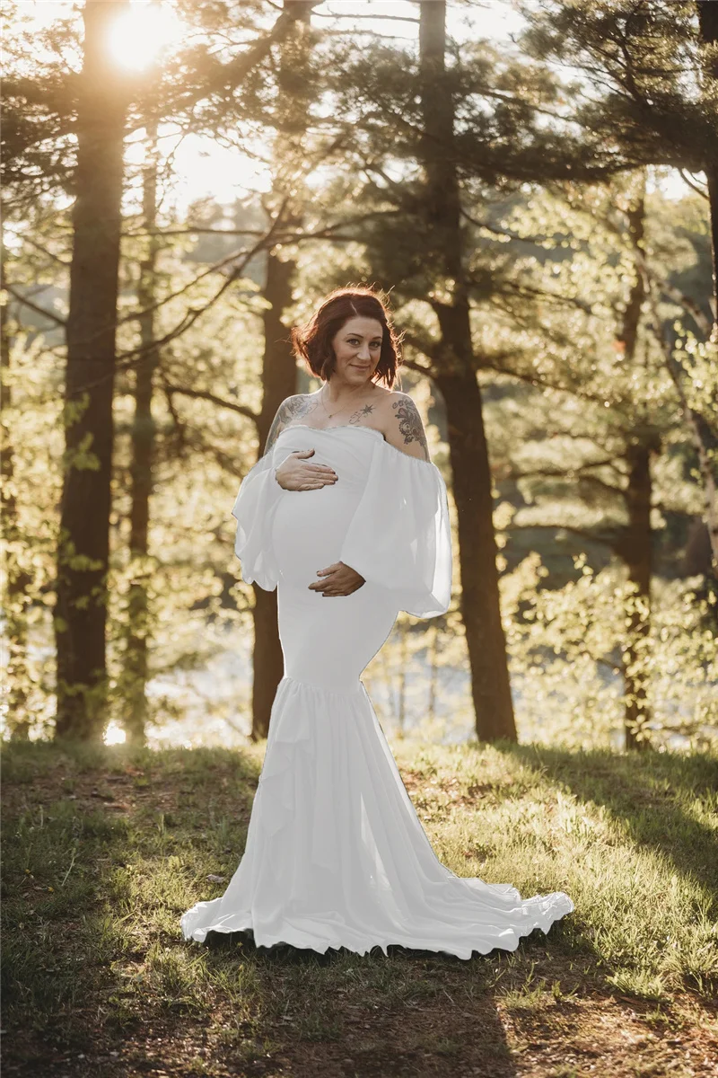 Pregnant Women Dress Sexy Shoulderless Maternity Dresses Photoshoot Ruffles Pregnancy Maxi Gown Photography Props Mermaid Dress