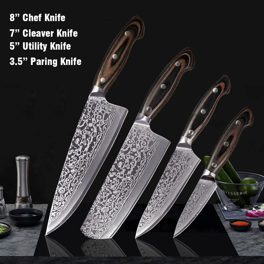 4pcs FANGZUO набор кухонных ножей из нержавеющей стали, лазерная Дамасская сталь, ультра острое лезвие, кухонные ножи, инструменты для повара, 4 шт., Подарочный нож - Цвет: 4pcs