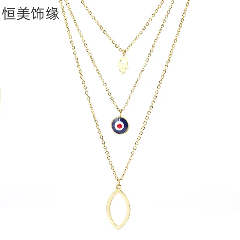 

2020 Women Popular Necklace Palm Type Blue Eyes Geometry Oval Titanium Steel Female Multilayer Long Body Accessories Pendant