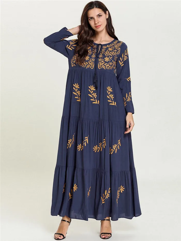 Синий Женское мусульманское Abayas джинсовое Макси-платье с вышивкой, свободные бандажные платья, Арабская Дубайская Исламская одежда, длинные платья размера плюс, Халат - Цвет: Синий