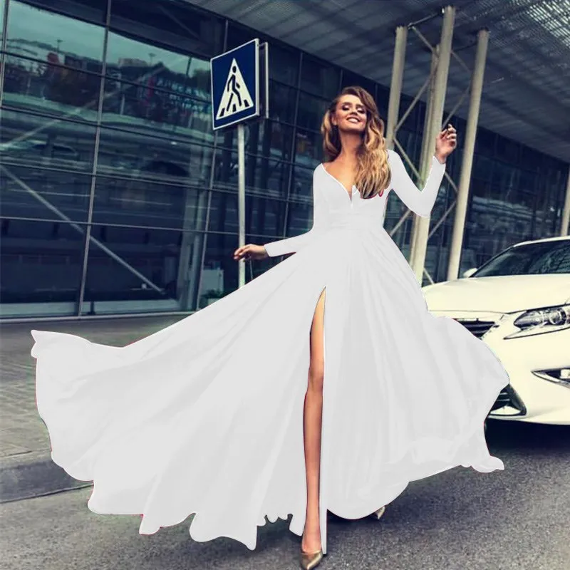 

New Elegant Women Solid Chiffon Maxi Dress Casual Wedding Bridesmaid High Split Dress Party Full Sleeve Prom Gown Long Dress
