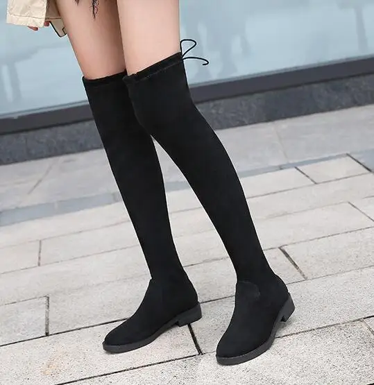 black plush 3 cm Тонкие эластичные флоковые высокие носки, Сапоги 43, большие размеры 3/7, 5 см, каблуки выше колена, Челси, botas bace, женские рыцарские ботинки на шнуровке - Цвет: black plush 3 cm