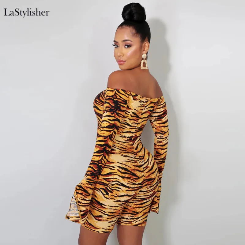LaStylisher, женские комбинезоны с открытыми плечами, комбинезон с длинным рукавом и животным принтом, комбинезоны, повседневная сексуальная модная женская облегающая Клубная одежда