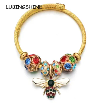 

Women Stainless Steel Crystal Bee Charms Bracelets Wire Cable Rhinestones Disco Ball Open Adjustable Cuff Bangle DIY Jewelry
