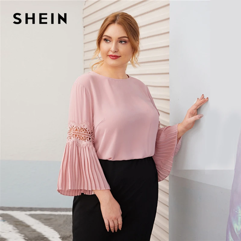 SHEIN плюс размер розовый топ с кружевными вставками на спине, плиссированный рукав, Женский Осенний топ с круглым вырезом, однотонный элегантный офисный женский плюс блузки