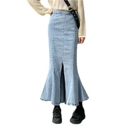 Saia feminina primavera moda mais tamanho até o chão maxi saias jeans cor sólida longo bodycon magro ajuste sereia saias