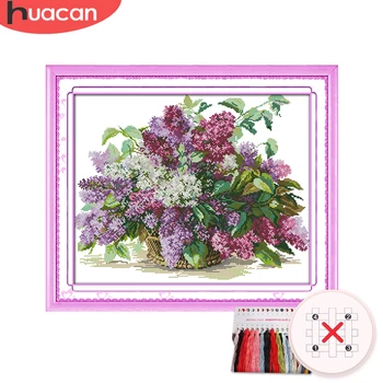 

HUACAN Cross Stitch Flower Kit Needlework Embroidery Floral Lavender Sets White Canvas DIY Gift Home Decor 11CT 14CT