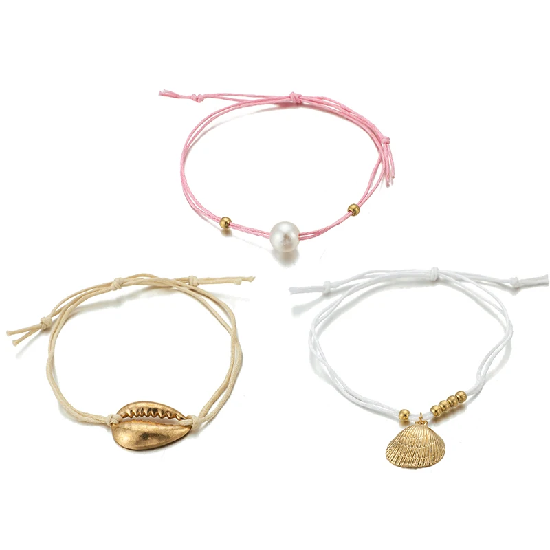 Tocona 3 шт./компл. красочные веревки ножной браслет морской пляж оболочки гребешок жемчужные браслеты на ногу для женщин богемные ювелирные изделия оптом B05407