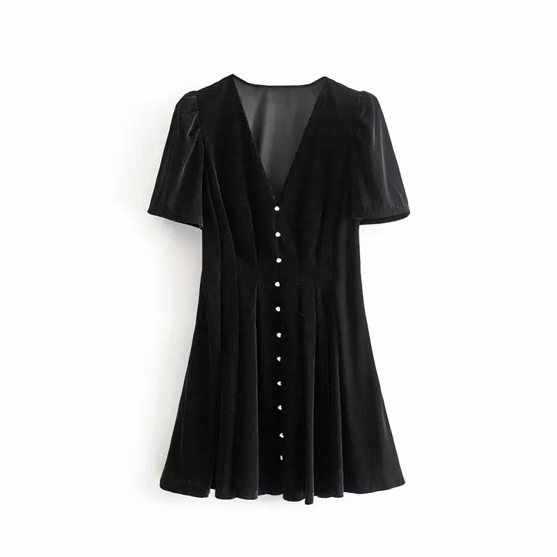QZ234 европейский дизайн с v-образным вырезом пуговицы деко короткий рукав вельветовое платье Осень подходит ко всему Vestidos - Цвет: Черный