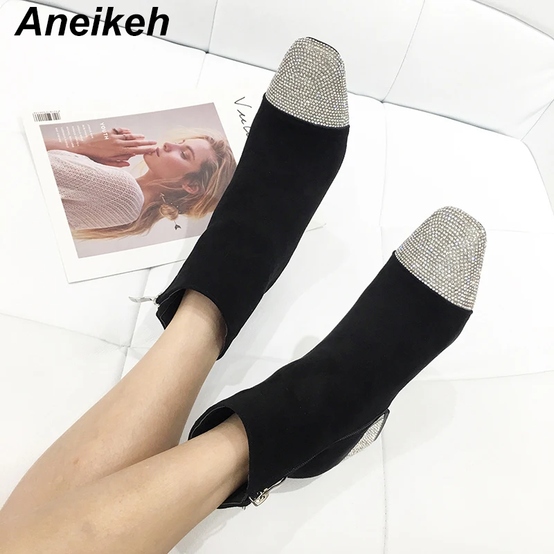 

Aneikeh Fashion Rhinestone Flock Ankle Boots Mixed Color Block Heels Booties Square Toe Lady Autumn Winter Faux Suede Shoes
