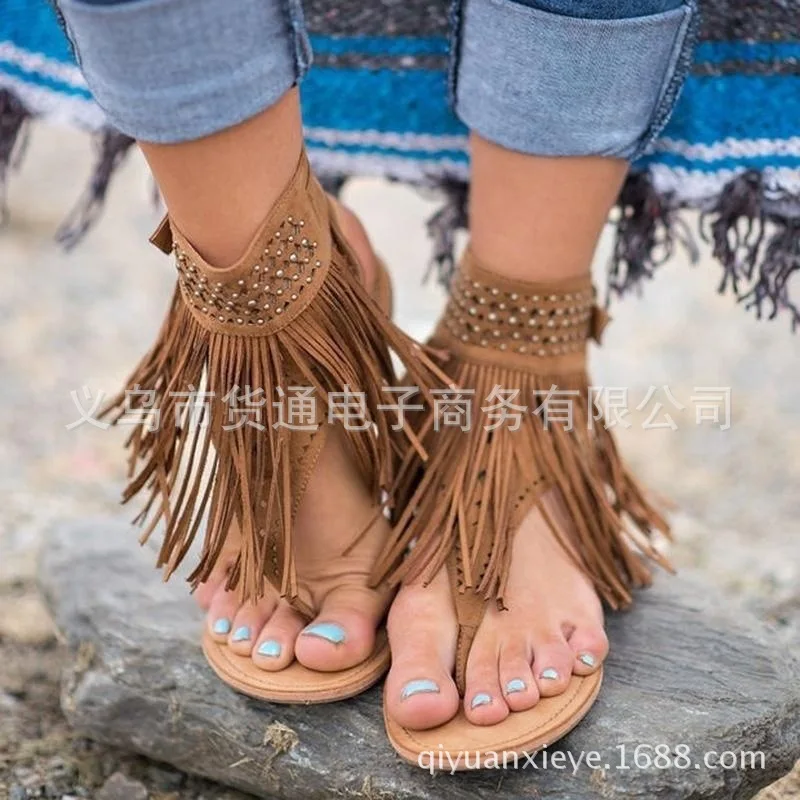 

Women Summer Sandals Gladiator Sandals Flat Heel Bohemia Style Rome Beach Sandals Flip Flop Plus Size Fringe Buckles Flat Slide