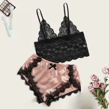

2019 Women Satin Lace Trim Camisole Shorts Set Sleepwear Backless Pajamas Lingerie pyjamas women pijama mujer pizama damska