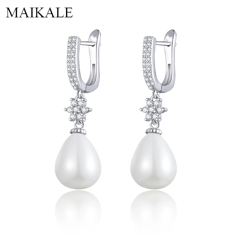 

MAIKALE Luxury Design AAA Cubic Zirconia Pearl Drop Earrings CZ Flower Silver Hanging Earrings with Pearls Women Party Jewelry
