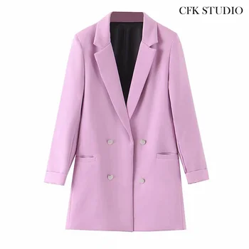 

Za 2020 Women Blazer with Turn-down Collar Solid Double Breasted Pocket Casual Loose Jacket Femme Pink Oversize Outwear Coat