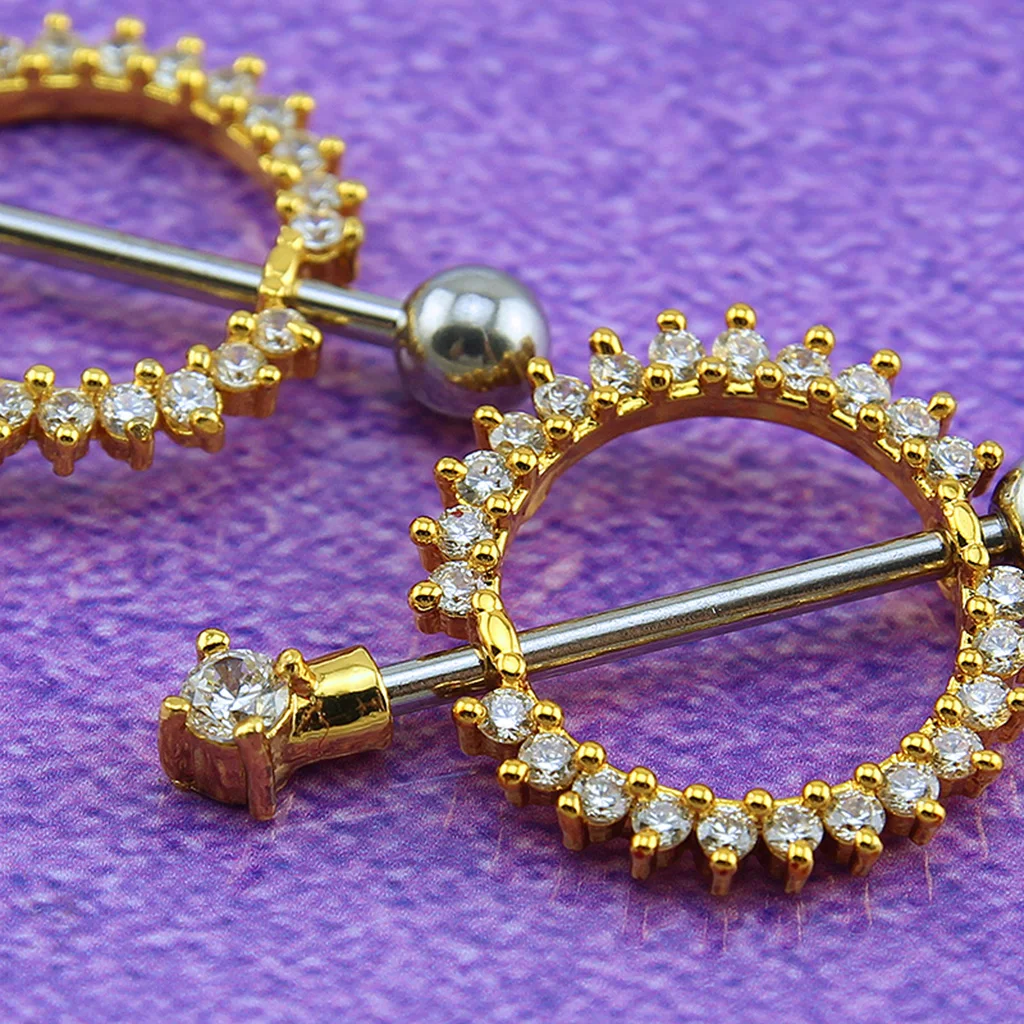 1 Pair Gold Tone Stainless Steel Crystal Rhinestone Sun Flower Petal Nipple Ring Cute Jewelry