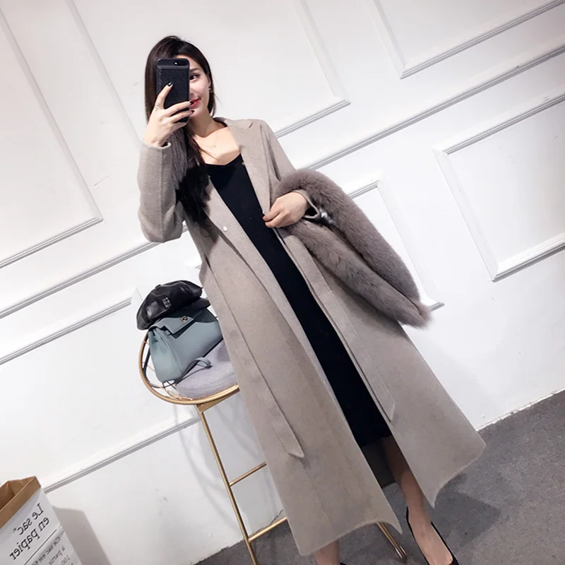 winter women's new high-quality double-sided coat wool fox fur collar long slim wool coat