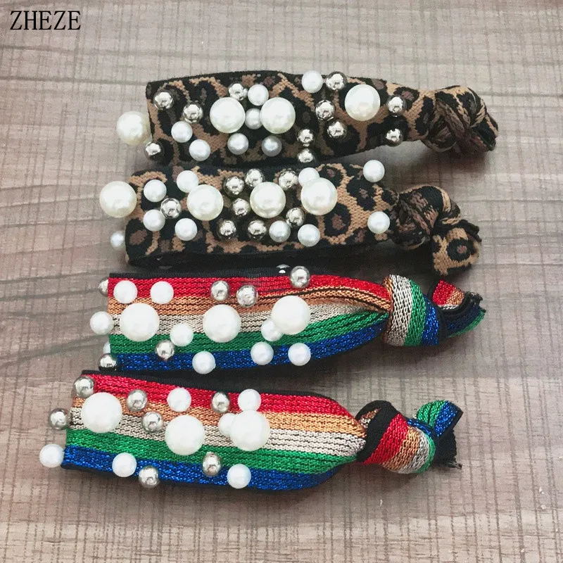 

8Pcs/Lot Women Pearl FOE Tie Headband Rainbow Leopard Ponytail Hair Holder Girls DIY Fold Over Elastic Hairband Accessories