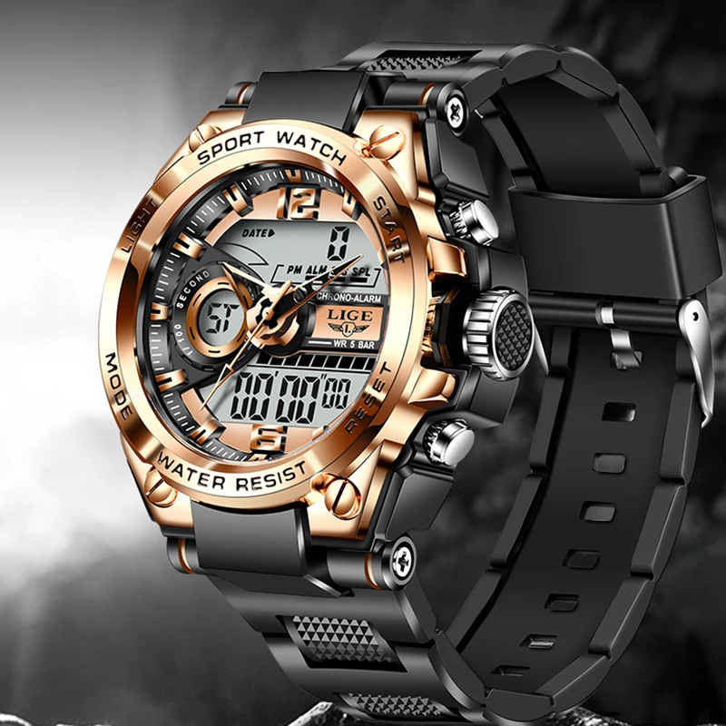 LIGE - Reloj militar resistente al agua para hombre, pulsera masculina, accesorio deportivo con doble pantalla para exteriores, de marca - Imagen 2