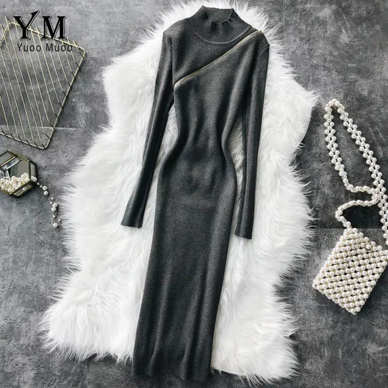YuooMuoo Rouje французская молния элегантное облегающее платье водолазка зимнее трикотажное платье-свитер осеннее женское платье с длинными рукавами - Цвет: Серый