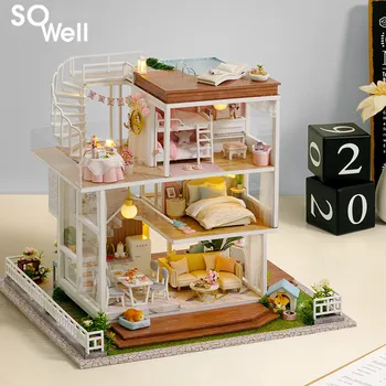 

So Well Doll House DIY Wooden Dollhouse Assembly Model Building Kits Miniature With Furniture LED Light Handmade Toys