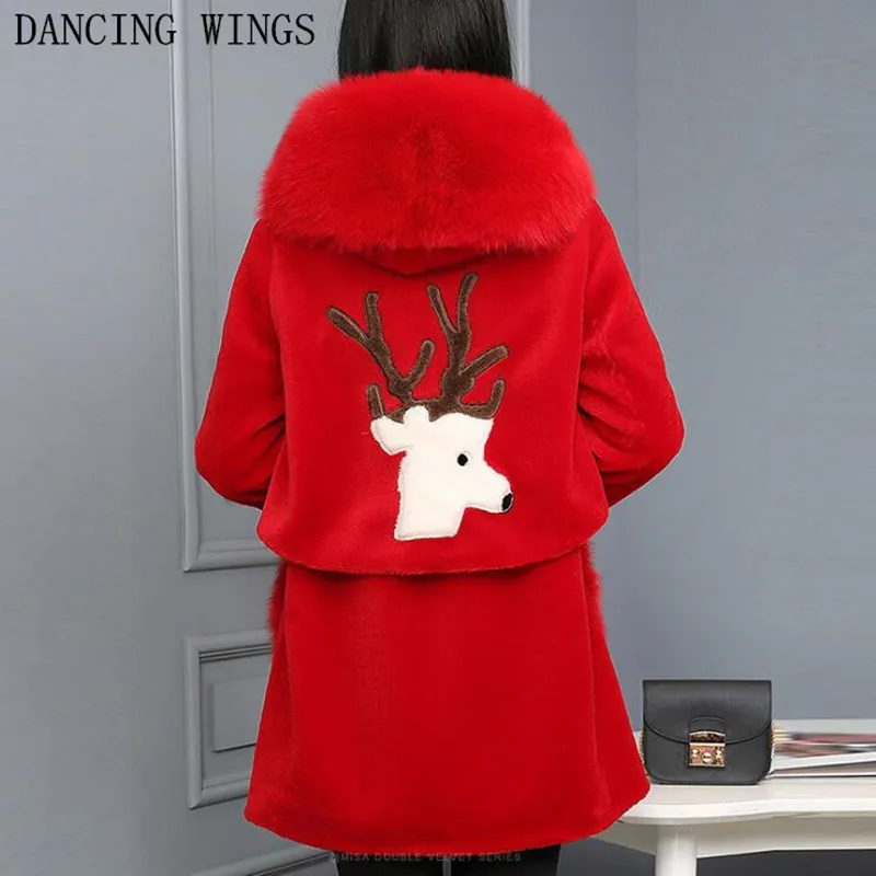 

2018 New Arrival Winter Sheep Shearling Jacket Real Wool Coat Female Medium Long Natural Fox Fur Collar Hooded Coats