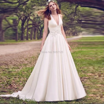

Modest Sleeveless Satin A Line Beaded Appliqued Lace Wedding Dresses Sexy V Neckline Open Buttons Back Sweep Train Bridal Gowns