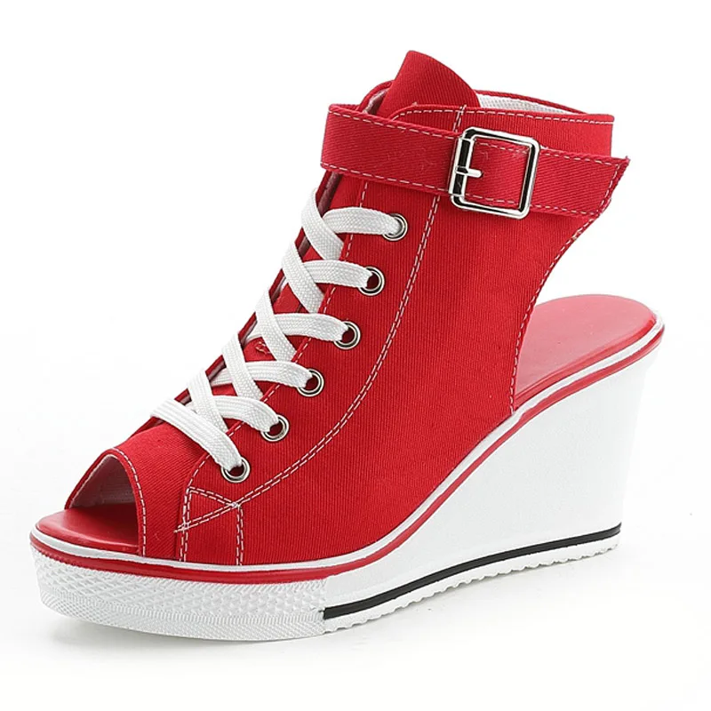 peep toe red Новинка года; Модные женские высокие парусиновые кроссовки; обувь на танкетке; женские джинсовые ботильоны на шнуровке; женская парусиновая обувь - Цвет: peep toe red
