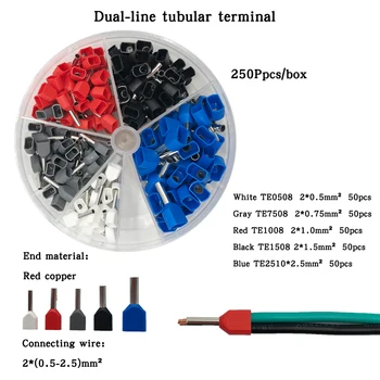 

250PCS Dual Wire Tube Ferrule Insulated Red Copper Crimp Terminals TE0.5-2.5mm Household Electrical Repair Kit