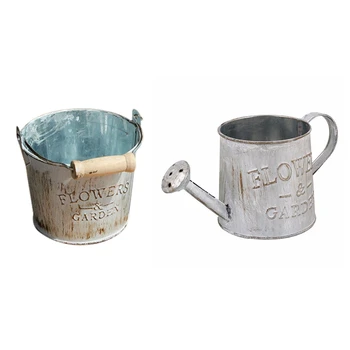 

2 Pcs Vintage Iron Bucket Flower Pot Plant Hanging Basket Pastoral Style Crafts Wall Home Desktop Decor Photo Props, White & Vin