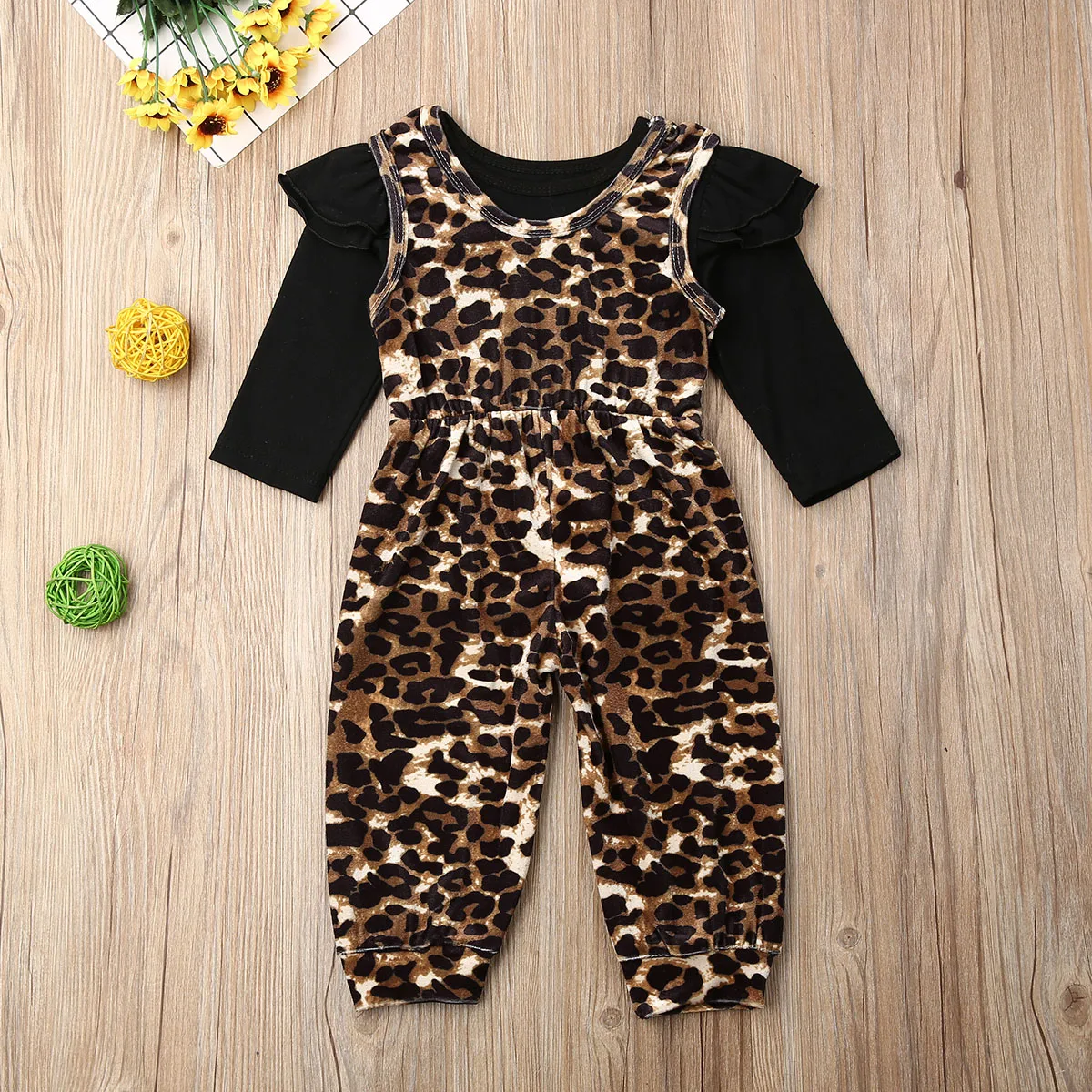 1-6Y осенние комплекты одежды для маленьких девочек черные футболки с длинными рукавами Топы+ Леопардовый комбинезон с принтом, 2 предмета