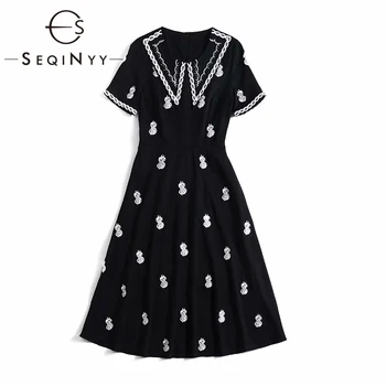 

SEQINYY Office Lady Dress 2020 Summer Spring New Fashion Design Beading Embroidery White Flower Elegant Black Midi Dress