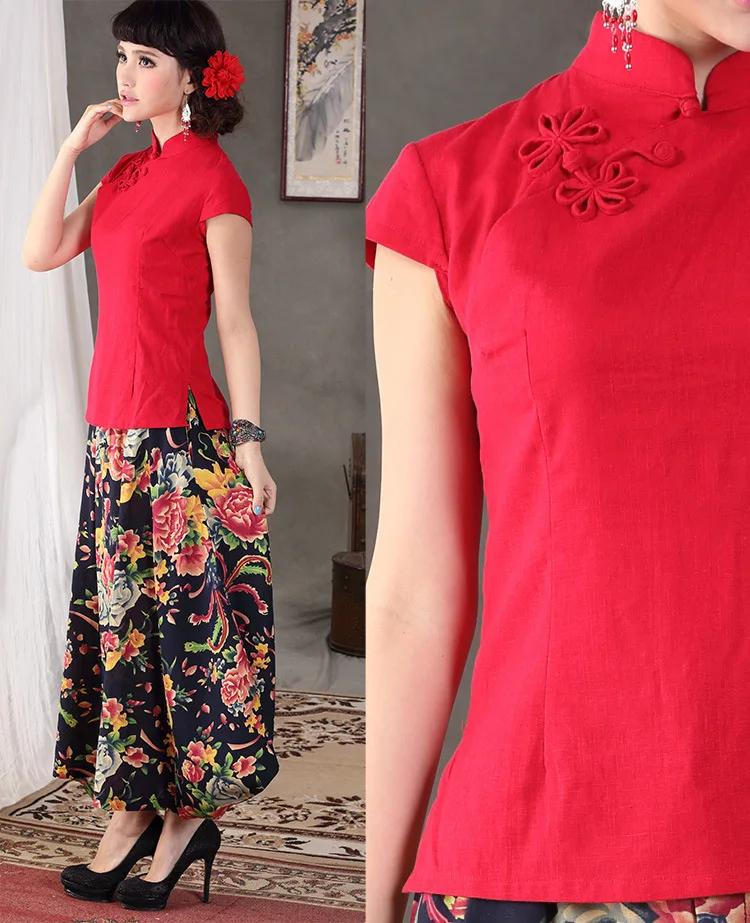 Элегантная конопляная хлопковая рубашка cheongsam, топы, китайская одежда, повседневная женская китайская льняная рубашка с короткими рукавами