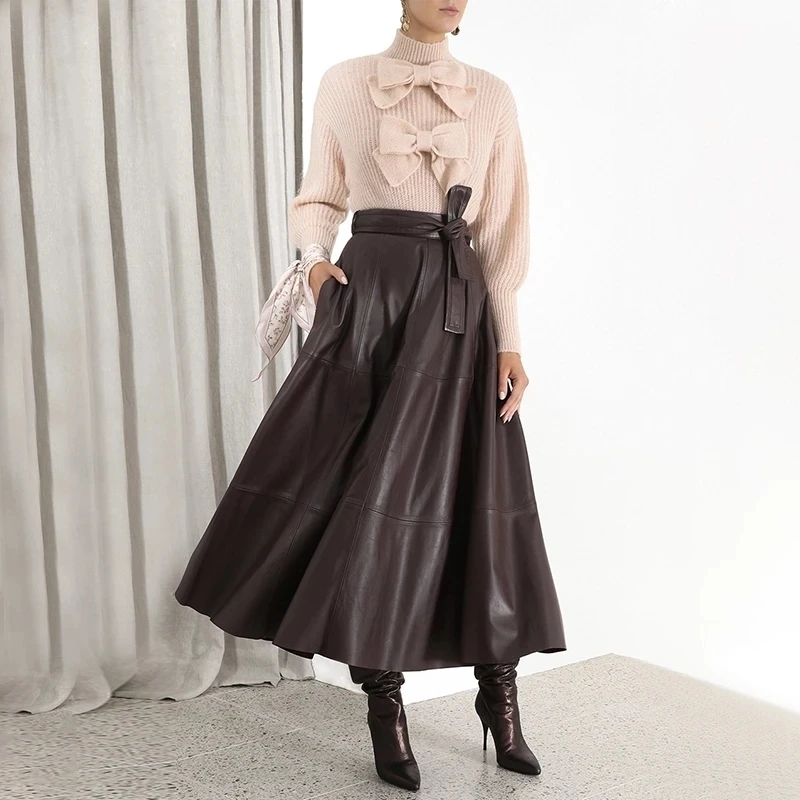[LIVIVIO] Высокая талия с платье на шнуровке из искусственной кожи офисные женские миди юбка женская корейская модная одежда