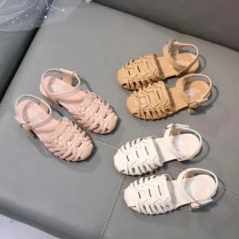 

2020 summer new girls sandals knitted hollow flat sandals children beach shoes comfortable soft leather kids
