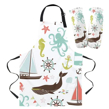 

Cartoon Sea Animals Whale Apron Oversleeve Oven Gloves Pads Cooking Baking Kitchen Aprons for Women Kids