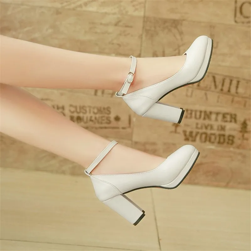 

Spring Sexy Mary Janes New Women OL high heels PU Leather Women Pumps Female Platform Thick with Round Single Shoes 35-41 black