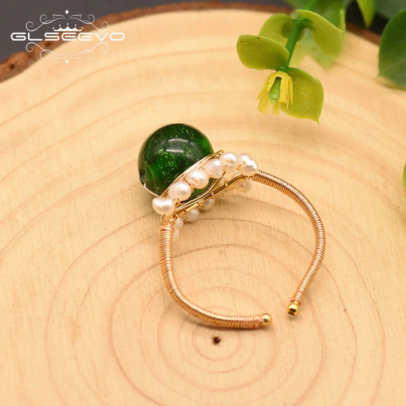 GLSEEVO зеленый Стекло натуральный пресноводный жемчуг кольцо для Для женщин девочек влюбленных кольца для свадьбы, помолвки подарок роскошные ювелирные украшения GR0252