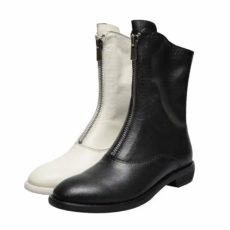 krazing pot vintage genuine leather round toe thick med heels gladiator the front zipper boots fashion modern mid-calf boots l01