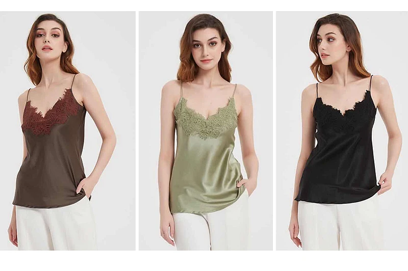100% Silk Tank Top Women High Quality Fabric Shoulder Strap Adjustable Length Lace 4 Colors Casual Basic Clothing Fashion