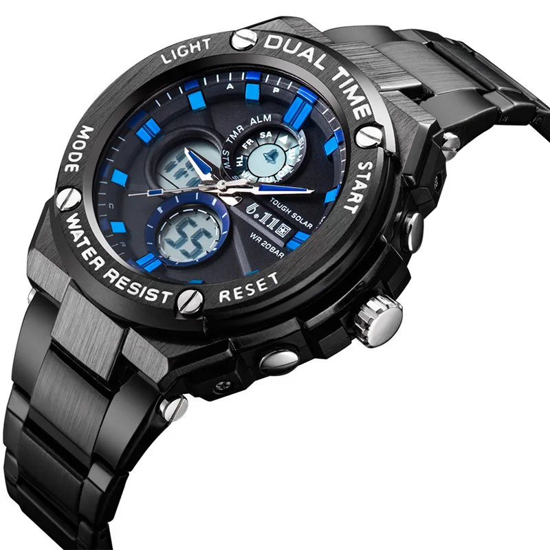 Мужские военные часы с двойным дисплеем цифровые спортивные ЖК и металлическим