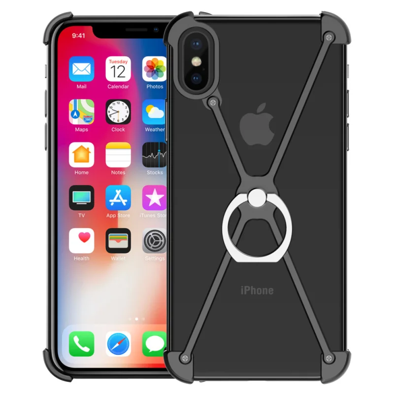 Роскошный Алюминиевый металлический бампер чехол для Apple iPhone XS/X тонкий противоударный палец кольцо держатель чехол для iPhone X XS бампер - Цвет: Черный