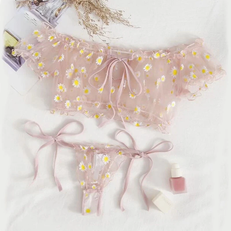 Bra Set Wire Free Off-Shoulder Sexy Women's Underwear Small Chest Bralette+Thong Lace Swimsuits Beachwear Lingerie sets