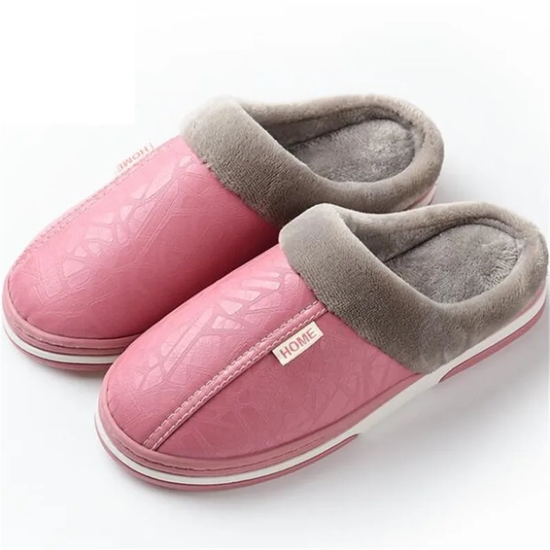 pink Мужские тапочки зимние кожаные толстые плюшевые домашние водонепроницаемые туфли на плоской подошве теплая Домашняя обувь нескользящие тапочки обувь на меху для влюбленных - Цвет: pink