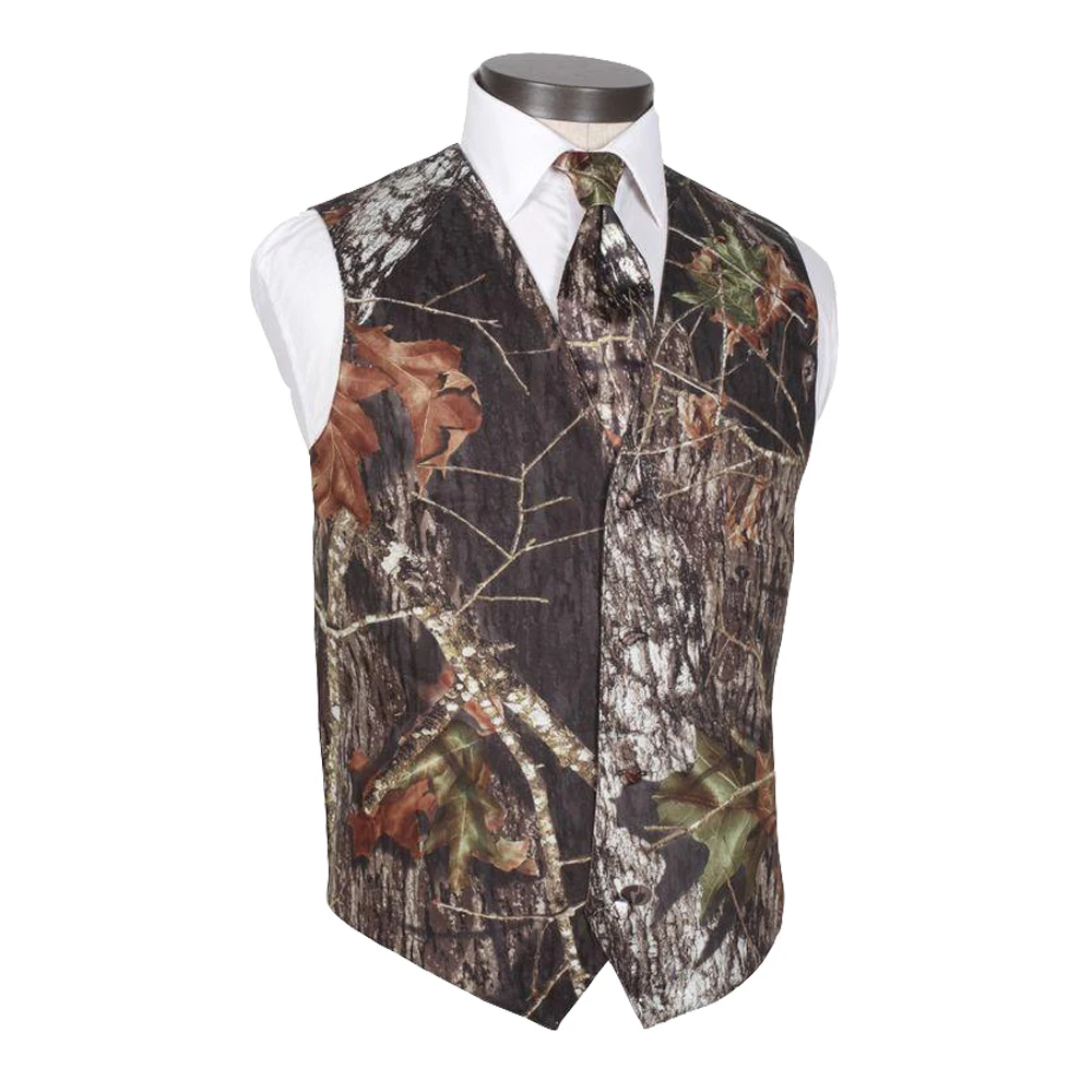 Camo Groom Vests Country Wedding Party For Men Attire Camouflage Slim Fit Groomsmen Prom Waistcoat Dress (Vest+Tie)